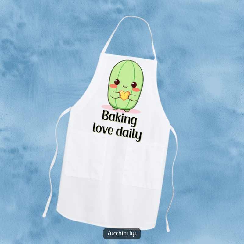 Funny zucchini apron with a blushing zucchini character offering a small, glowing heart, perfect for a sweet and humorous cooking experience.