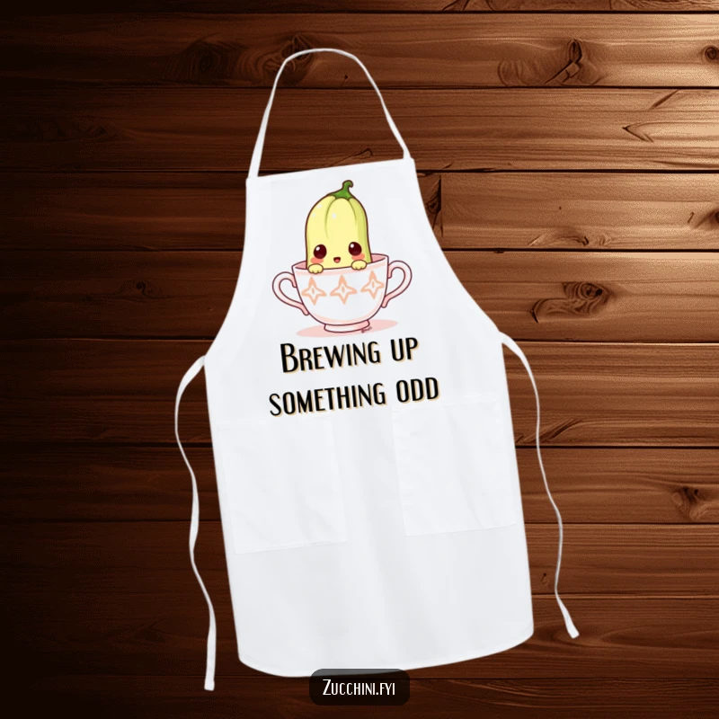 Funny apron with a surprised zucchini emerging from a small teacup.