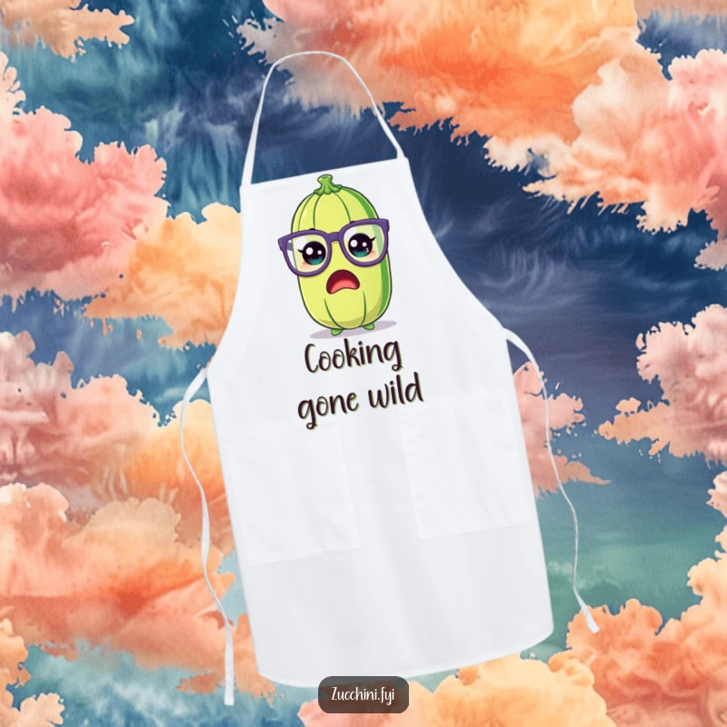 Funny Zucchini Apron showing a shocked cartoon zucchini wearing large, silly glasses, designed for humorous kitchen experiences.