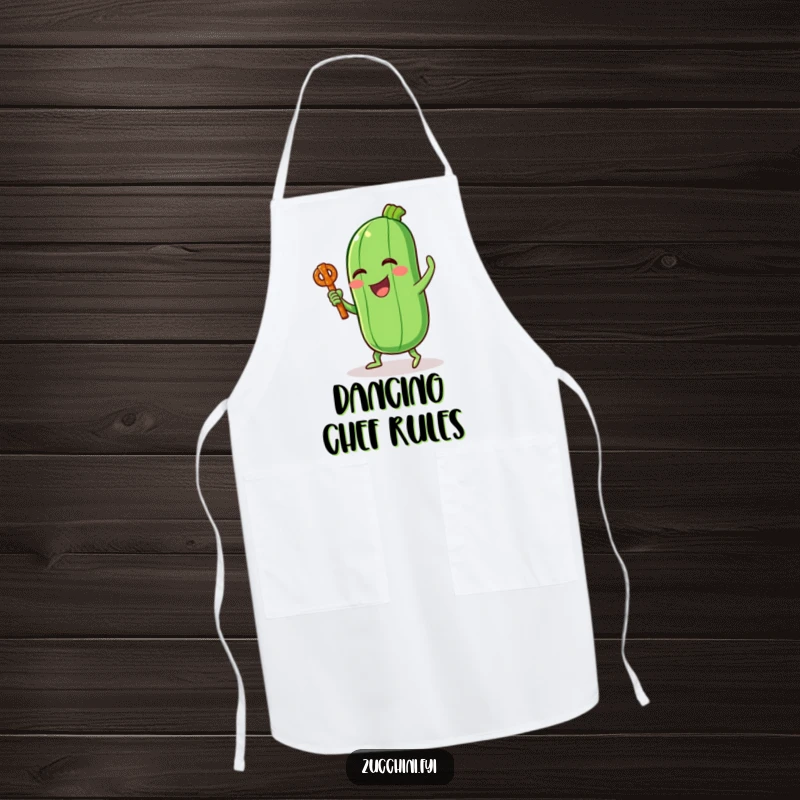 Funny apron featuring a laughing zucchini character doing a silly dance with a pretzel stick, ideal for kitchen humor.