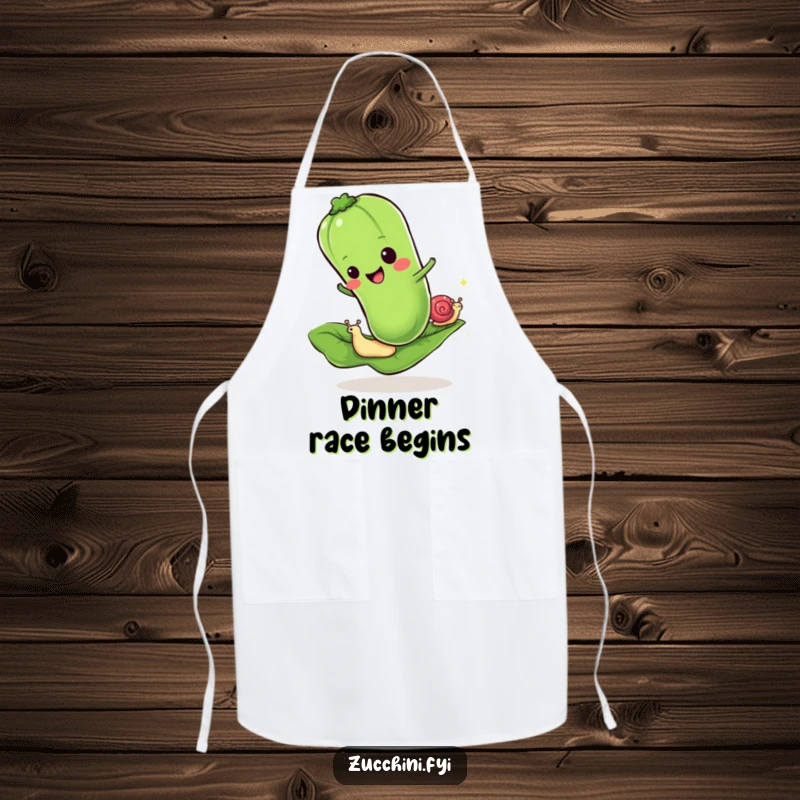 Funny apron with a cheerful zucchini racing a snail on a leaf, ideal for humorous kitchen activities.