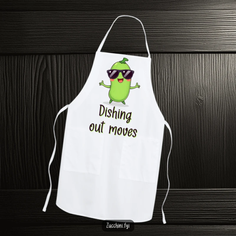 Funny Zucchini Apron: Smiling zucchini with sunglasses dances while cooking, a humorous kitchen accessory.