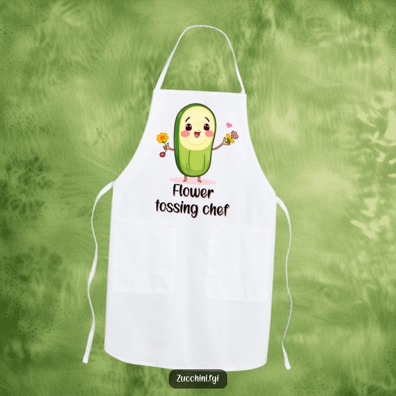 Funny apron featuring a delighted zucchini slice character juggling colorful edible flowers, ideal for adding humor to kitchen adventures.
