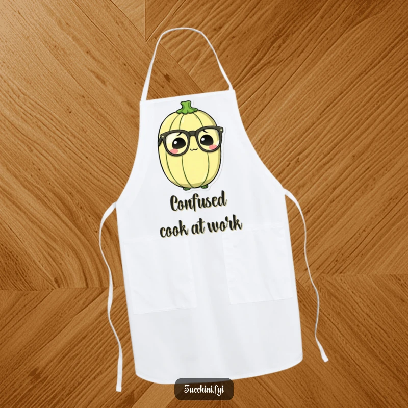 Funny Bewildered Zucchini Apron showing a zucchini chef wearing oversized spectacles, looking thoughtfully perplexed while cooking.