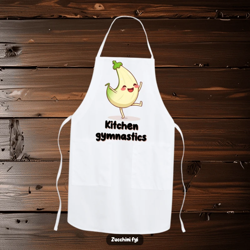 Funny apron with a zucchini performing a cartwheel, beaming with a wide, happy grin.
