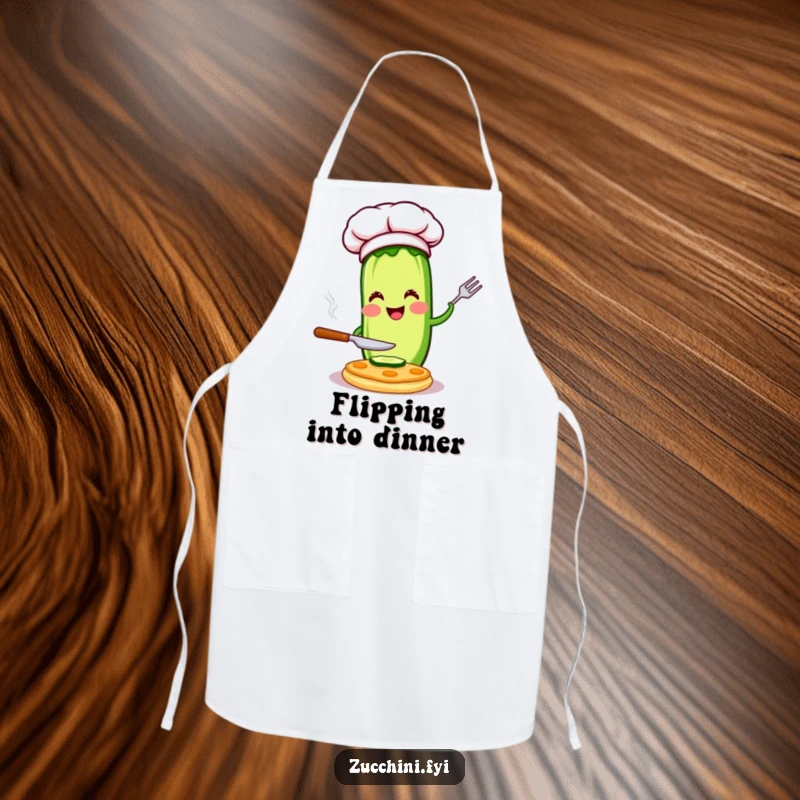 Funny chef zucchini apron with a happy character flipping a pancake, perfect for kitchen use and adding humorous culinary flair as a gift.