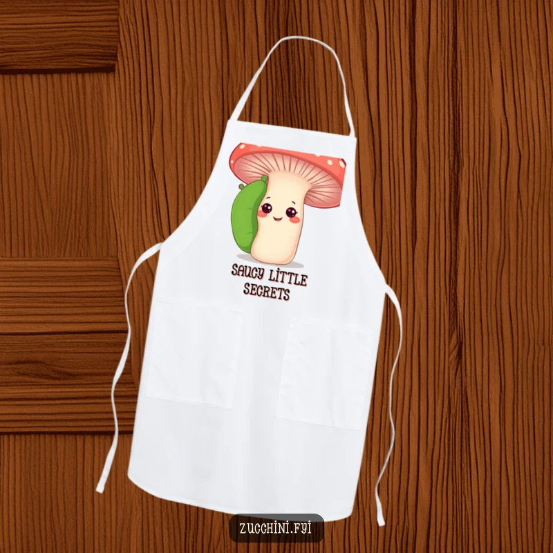 Funny curious zucchini apron depicting a zucchini peeking from behind a smiling mushroom, great for kitchen tasks with garden humor.
