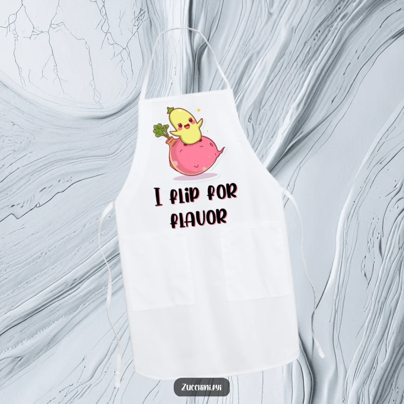 Funny giddy zucchini apron showing an excited vegetable bouncing on a giant radish, perfect for cooking with enthusiasm.