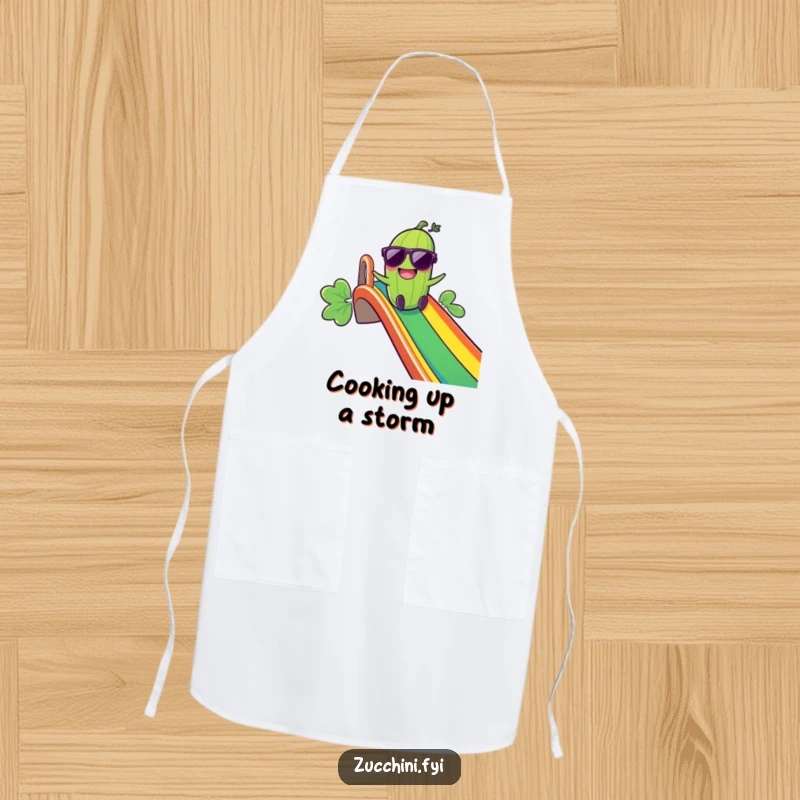 Funny Giggling Zucchini Apron: A cheerful zucchini in sunglasses slides down a rainbow, bringing humor and style to kitchen activities.