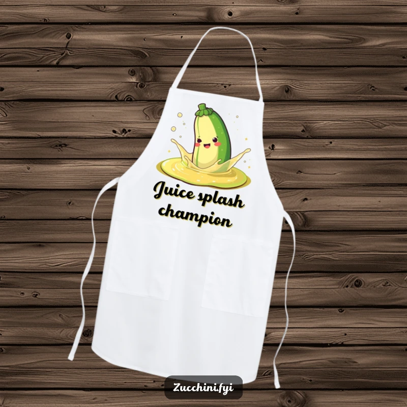 Funny apron showing a happy zucchini splashing gleefully in a puddle of sparkling juice, perfect for kitchen fun.