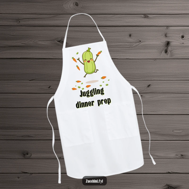 Funny zucchini with tiny legs joyfully juggling carrots and peas, a humorous and practical kitchen apron.
