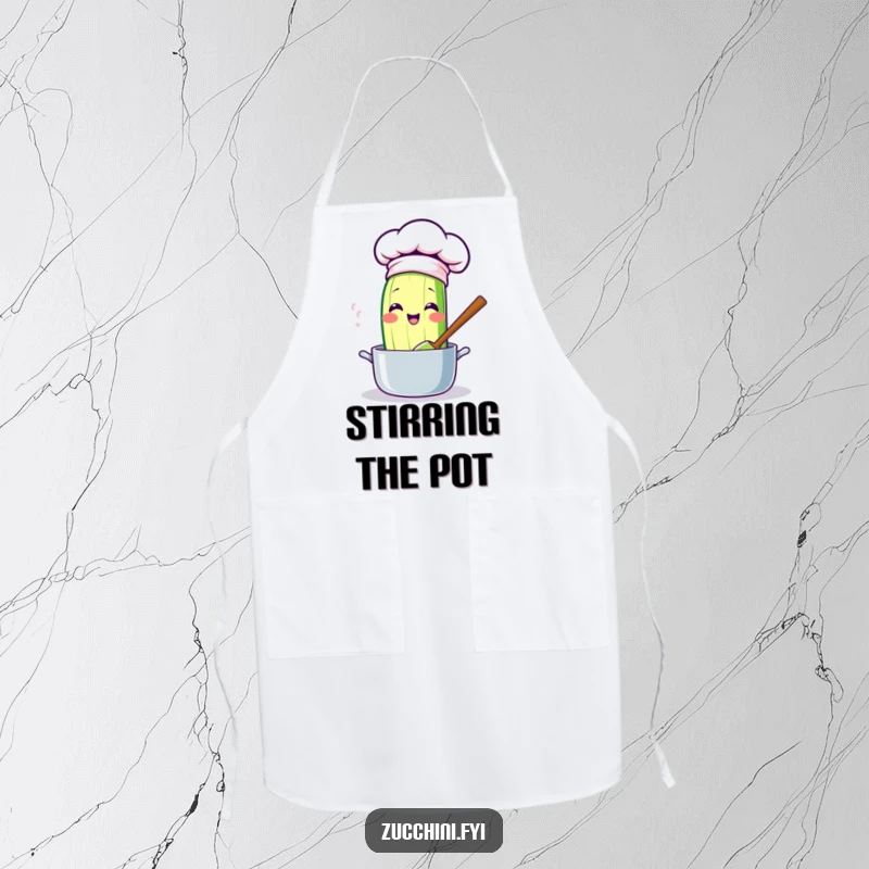 Funny kawaii zucchini apron, a cute chef zucchini wearing a hat, stirring a pot, making cooking fun and funny with its culinary design.