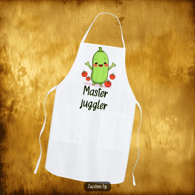 Funny kawaii zucchini apron, a cute illustration of a zucchini juggling happy tomatoes, making cooking fun and funny with its playful design.