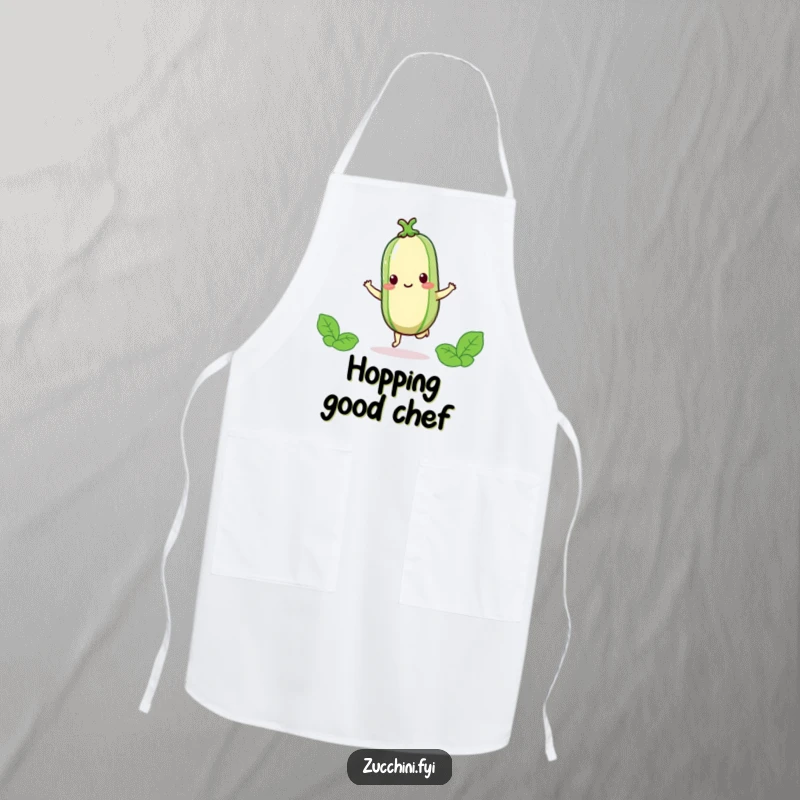 Funny kawaii zucchini hopping happily on one foot, a joyful and protective apron for cooking.
