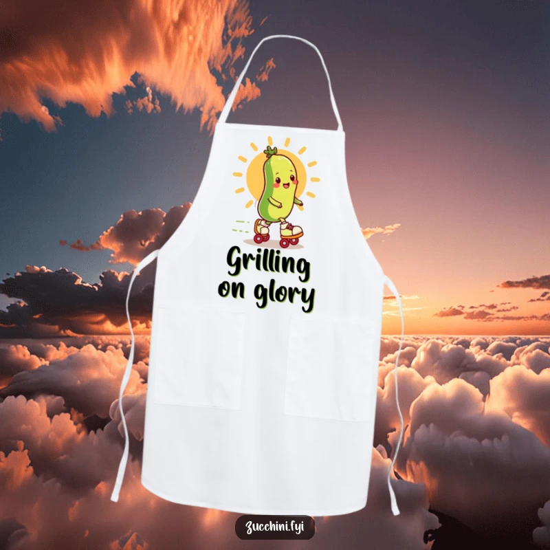 Funny zucchini wearing roller skates speeds past a cartoon sun on a durable and humorous kitchen apron.