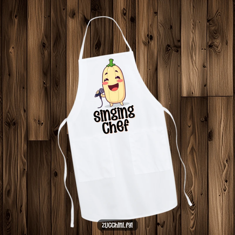 Funny apron with a grinning zucchini holding a microphone and singing, perfect for adding musical humor to cooking.