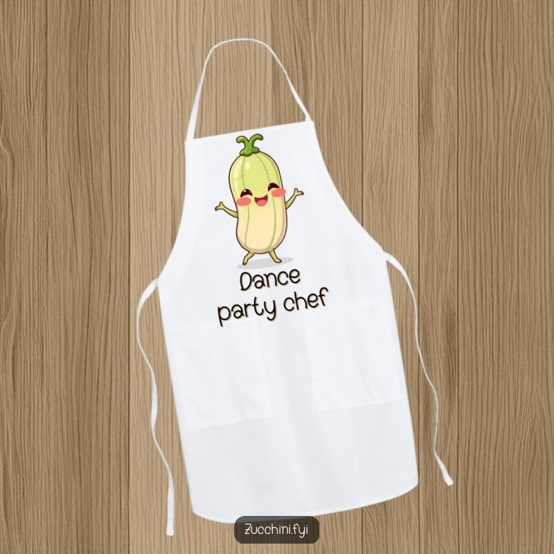 Funny apron featuring a giggling spiralized zucchini character performing a silly dance, perfect for adding humor and energy to cooking.
