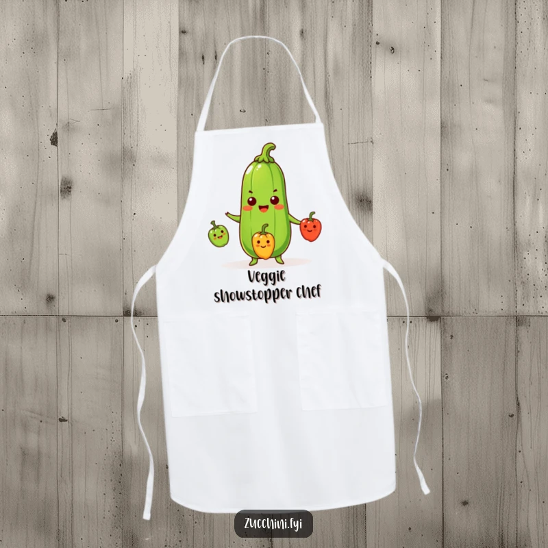Funny Zucchini Apron showing a beaming zucchini skillfully juggling three small, smiling peppers, designed for humorous kitchen adventures.