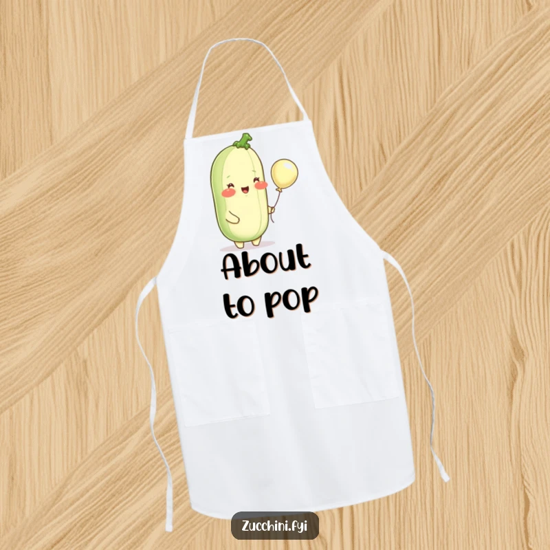 Funny apron, a delighted zucchini with rosy cheeks holding a small balloon, ready for fun and messy kitchen adventures.