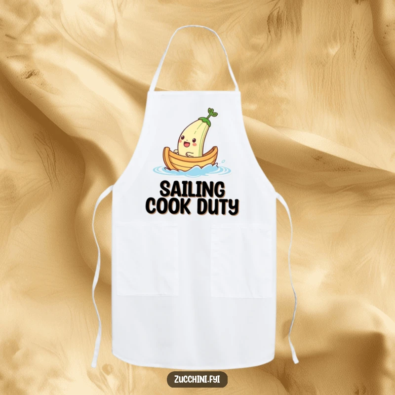Funny apron featuring a jubilant zucchini boat character sailing on a small splash of water, perfect for adding maritime humor to cooking.