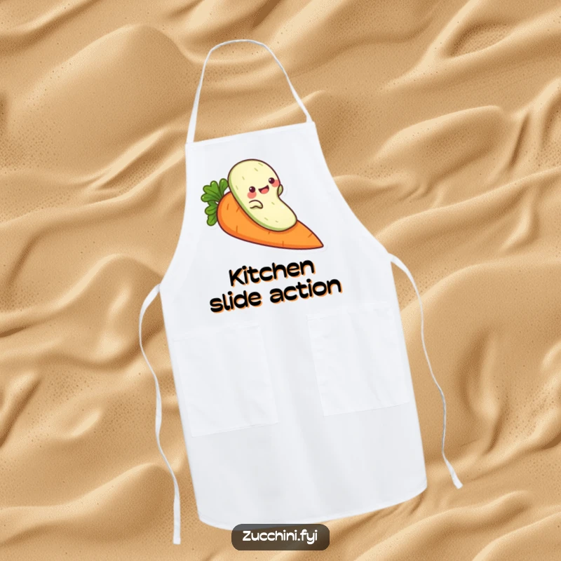 Funny zucchini apron, a playful veggie character sliding down a carrot, ideal for humorous kitchen tasks.