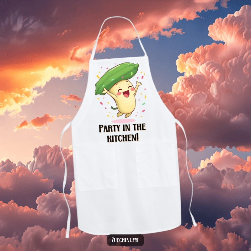 Funny zucchini apron with a joyful zucchini character leaping and showering confetti, perfect for a festive and humorous cooking experience.