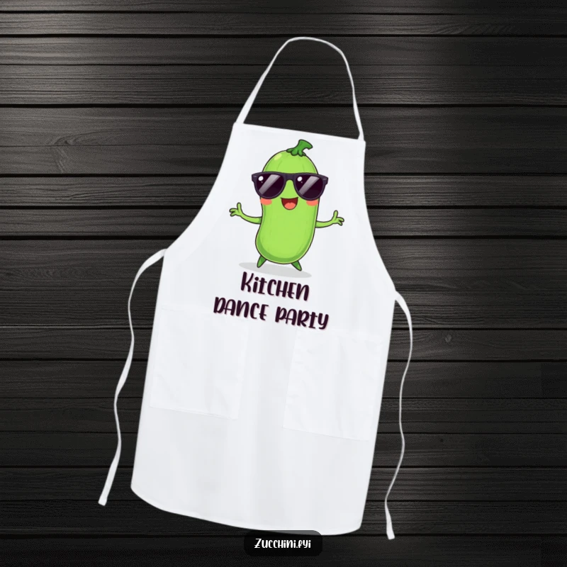 Funny Zucchini Apron: Smiling vegetable wearing sunglasses, dancing while cooking, perfect for a fun kitchen atmosphere.