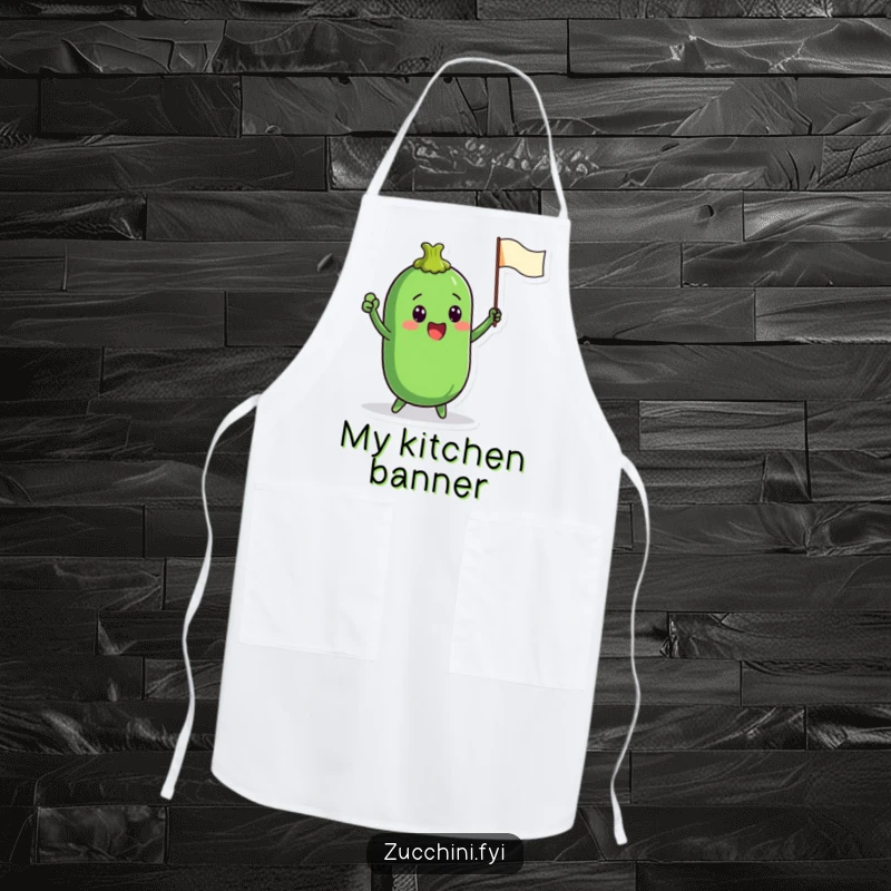 Funny apron designed with a zucchini character energetically waving a small flag, ideal for kitchen protection and spreading cheerful support.