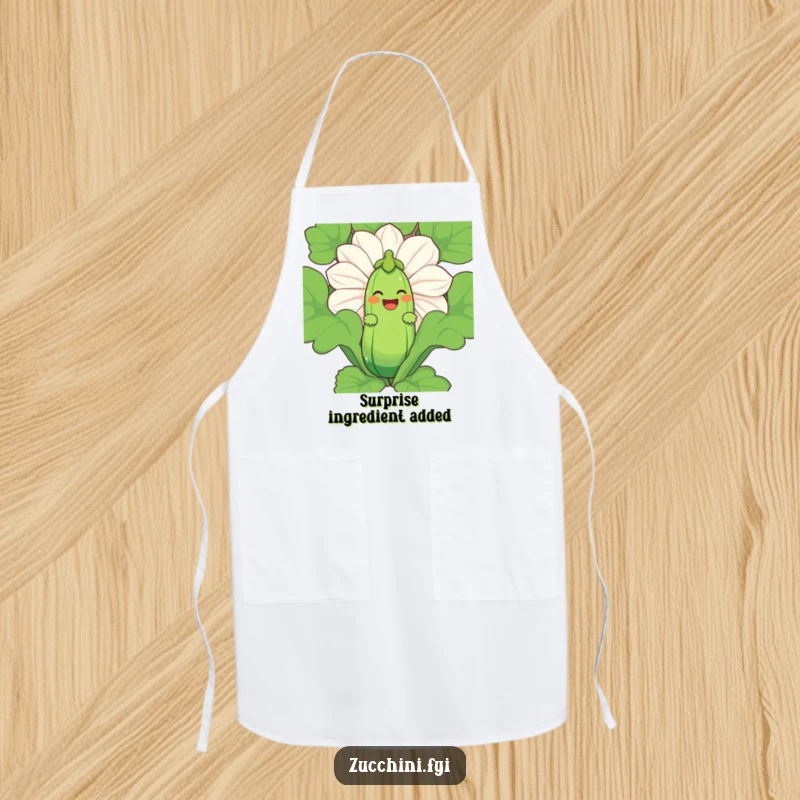Funny Zucchini Laugh Apron with a laughing zucchini character peeking from behind a giant zucchini blossom.