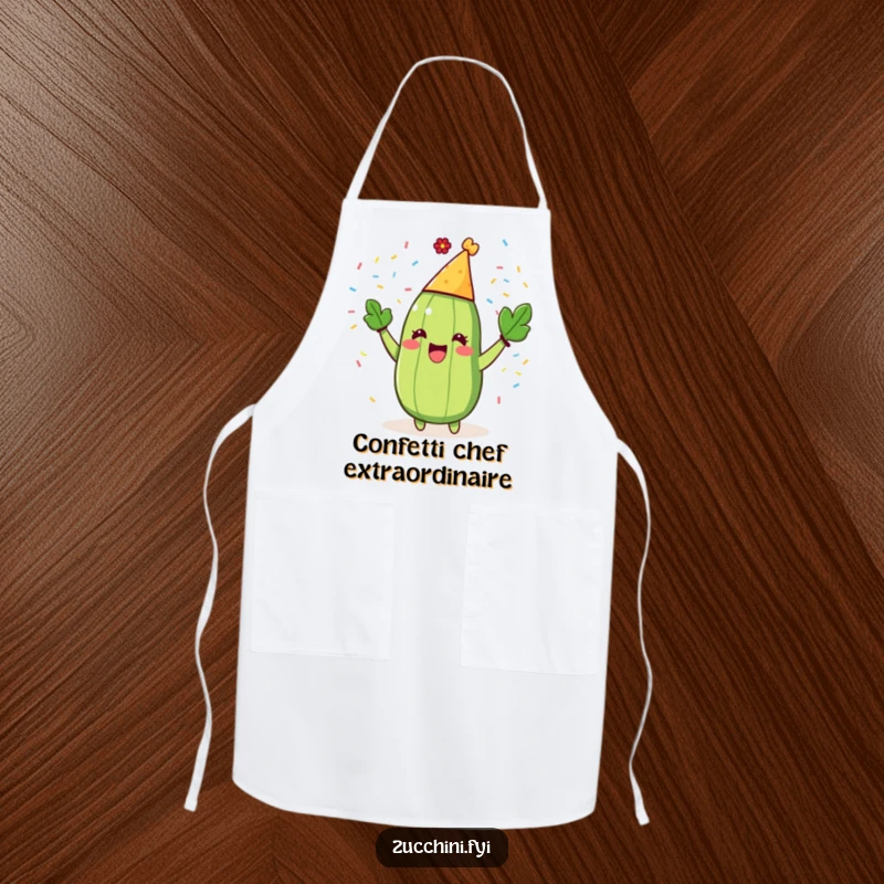 Funny Zucchini Party Apron showing a gleeful zucchini chef in a party hat, tossing confetti while cooking.