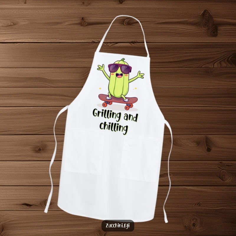 Funny kawaii zucchini apron, a cool zucchini in sunglasses dancing on a skateboard, making kitchen tasks fun and funny with its rad design.