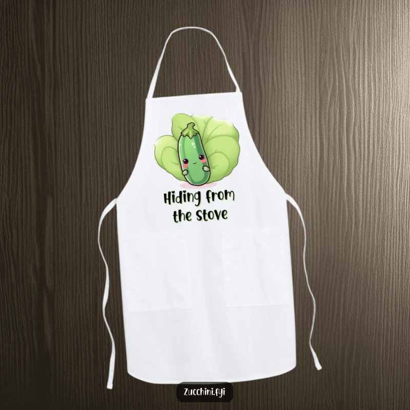 Funny kawaii zucchini peeking shyly from behind a leaf on a kitchen apron, blending humor and practicality for cooking, a great gift.