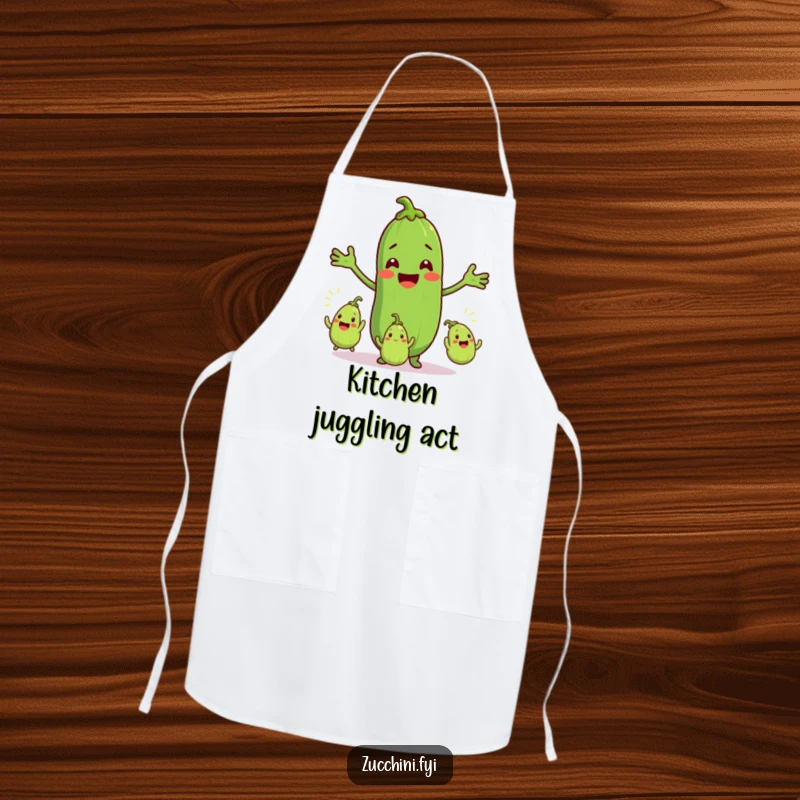 Funny apron featuring a smiling zucchini character juggling three excited baby zucchinis, ideal for adding humor to cooking and kitchen tasks.