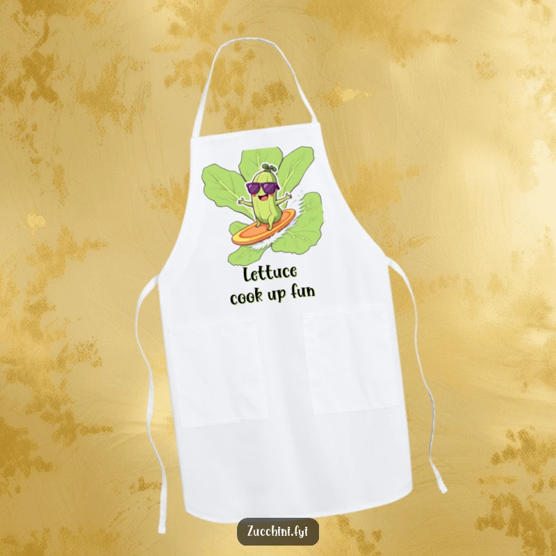 Giggling zucchini in sunglasses surfing on a lettuce leaf, a cool and humorous kitchen apron.