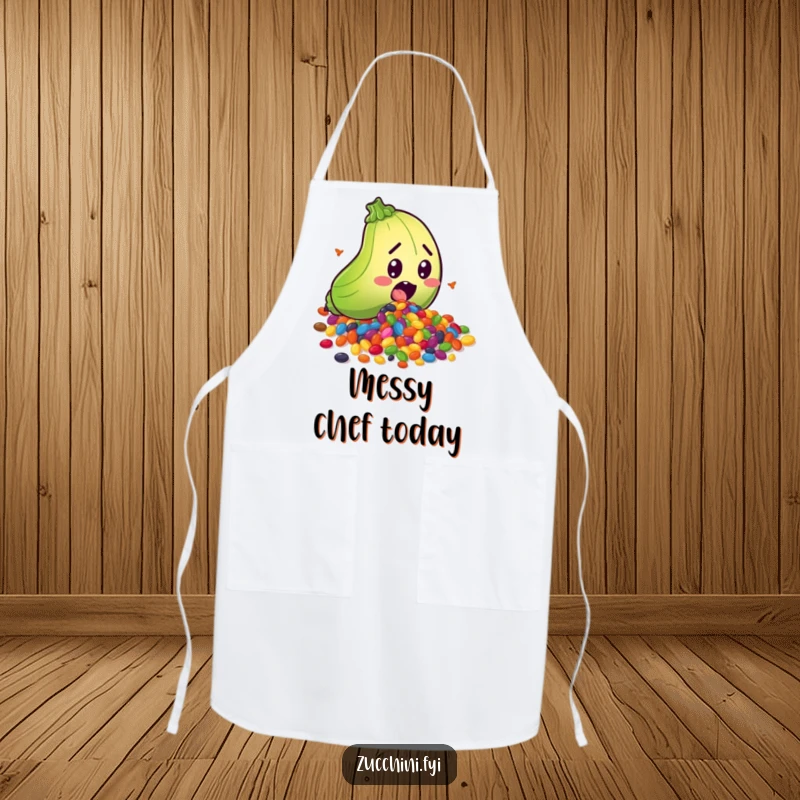 Funny apron featuring a surprised zucchini character spilling a rainbow of colorful seeds, ideal for adding humor to cooking and kitchen tasks.