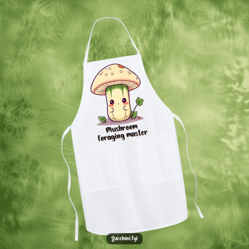 Funny apron featuring a curious anthropomorphic zucchini character peeking from under a mushroom cap, adding a playful and mysterious element to kitchen tasks.