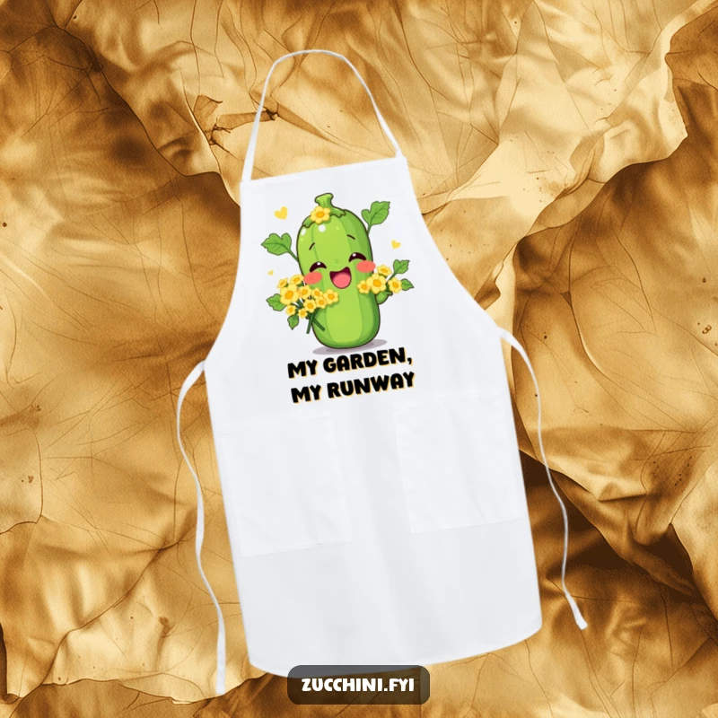 Funny apron showcasing a zucchini in an amusing pose with a bouquet of tiny zucchini flowers, perfect for adding charm to cooking.