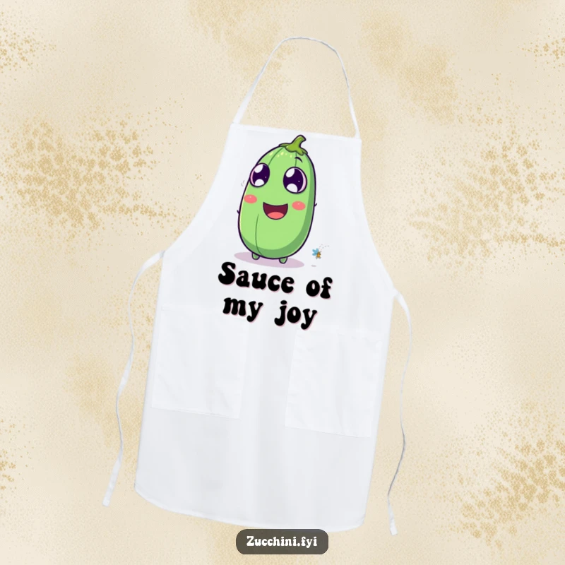 Funny laughing zucchini apron depicting a zucchini with exaggerated eyes watching a firefly, great for kitchen tasks with nighttime humor.