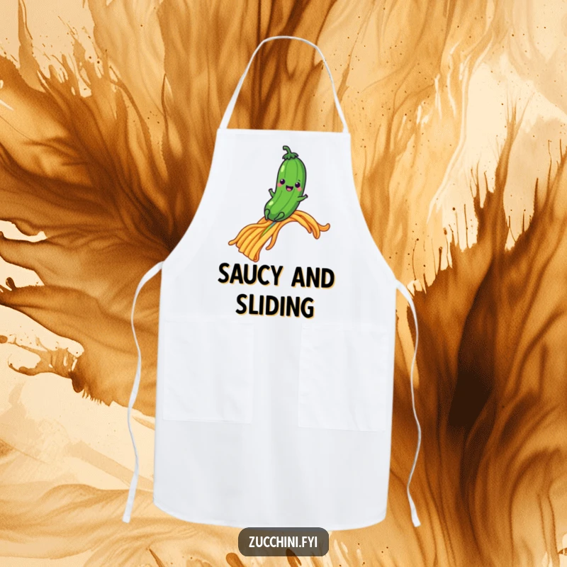 Happy zucchini sliding down a pasta rainbow, a whimsical and humorous kitchen apron.