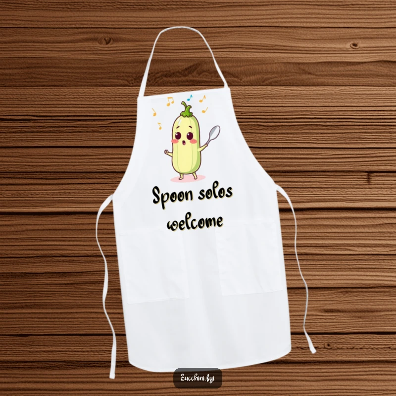 Surprised zucchini with musical notes dancing with a spoon, a musical and humorous kitchen apron.