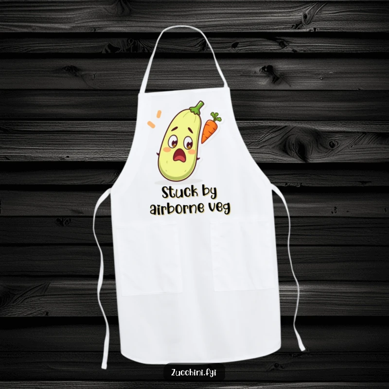 Funny apron featuring a surprised zucchini, eyes wide, confronted by a carrot in flight.