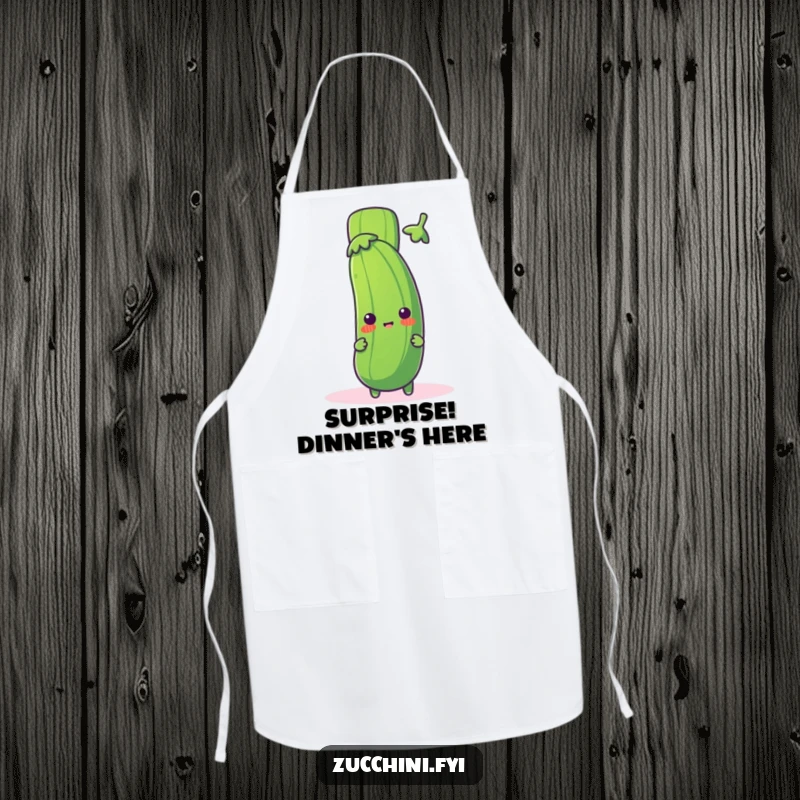 Funny zucchini apron with a cute zucchini character peeking from behind a large exclamation mark, perfect for a humorous and surprising cooking experience.