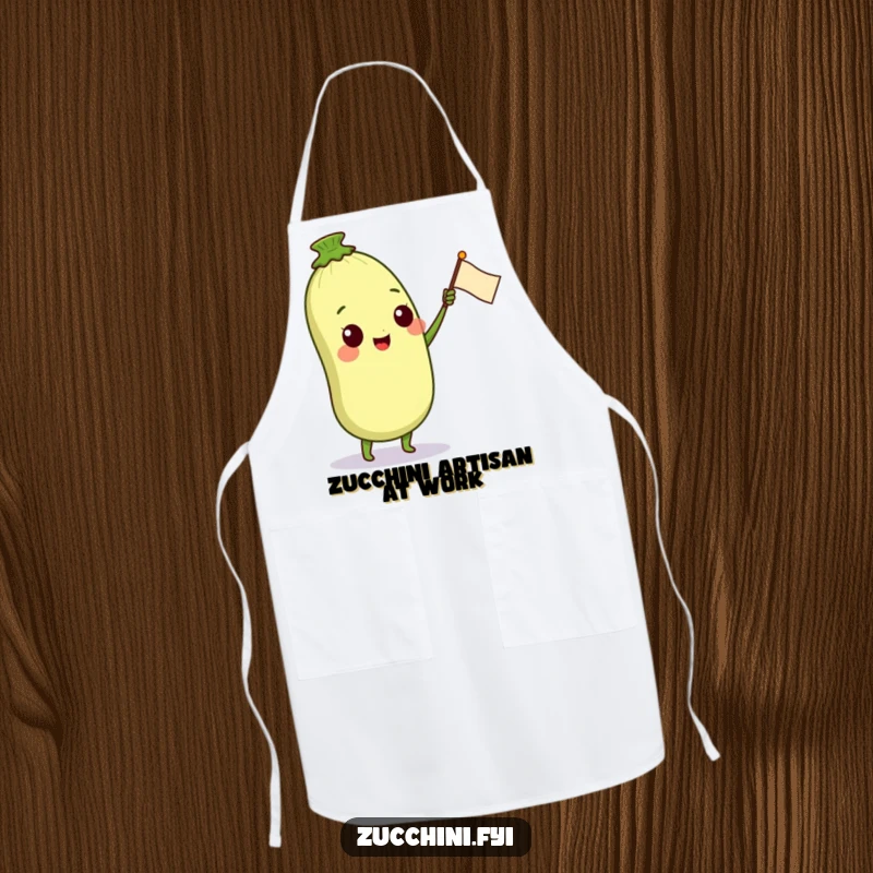 Funny apron featuring a smiling anthropomorphic zucchini character waving a small petal flag, perfect for kitchen duties with a playful and cheerful vibe.