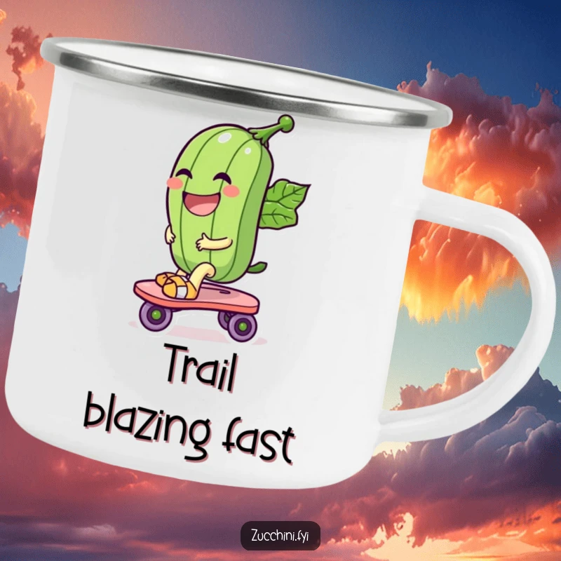 Funny camping mug with a laughing zucchini character riding a leaf roller skate, bringing outdoor fun and vegetable humor to your travels.