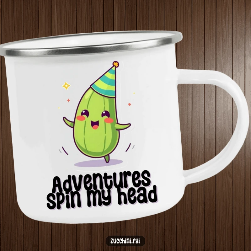 Funny camping mug featuring a zany zucchini in a party hat, spinning with outdoor enthusiasm, perfect for adventurers.