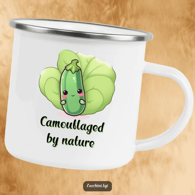 Funny kawaii zucchini peeking shyly from behind a leaf on a sturdy camping mug, perfect for outdoor humor and cute drinkware, a gift.
