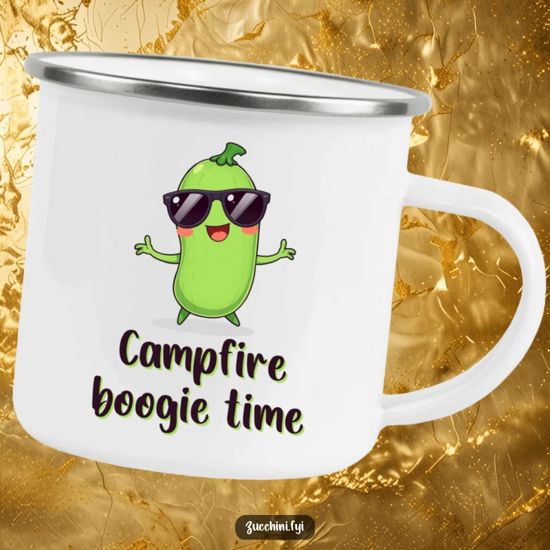 Funny Zucchini Camping Mug: Smiling zucchini with sunglasses dances, a humorous and sturdy mug for outdoor fun.