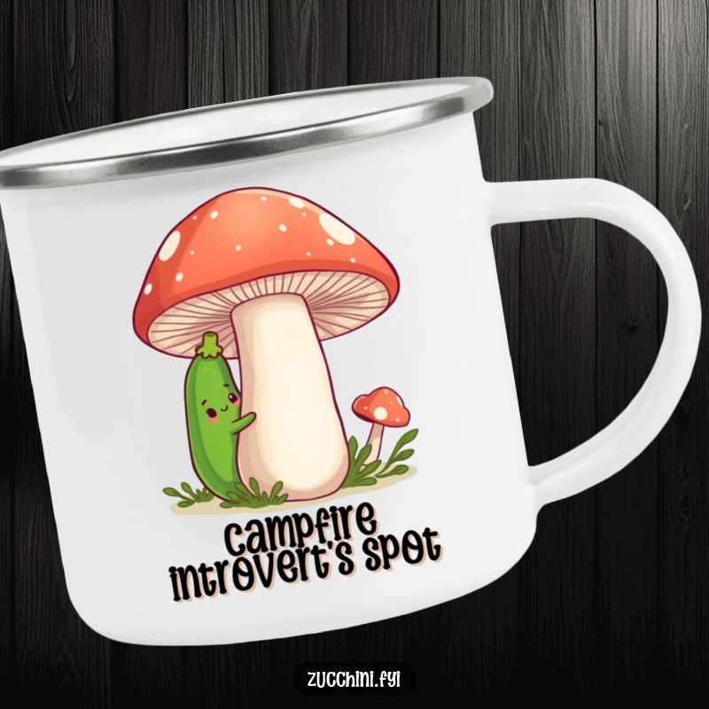 Funny Zucchini Camping Mug with a shy cartoon zucchini peeking from behind a large, friendly mushroom, perfect for outdoor use.