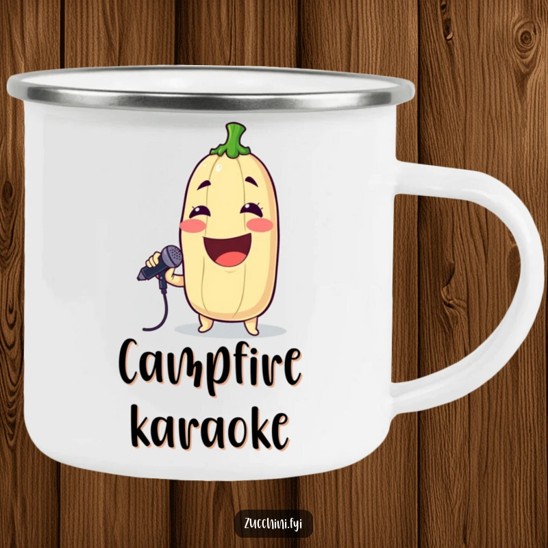 Funny camping mug with a grinning zucchini singing into a microphone, perfect for enjoying drinks outdoors with musical humor.