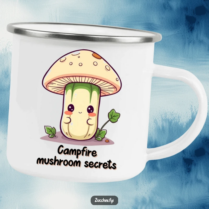 Funny camping mug with a curious anthropomorphic zucchini character peeking from under a mushroom cap, designed for outdoor use and bringing a sense of hidden adventure.